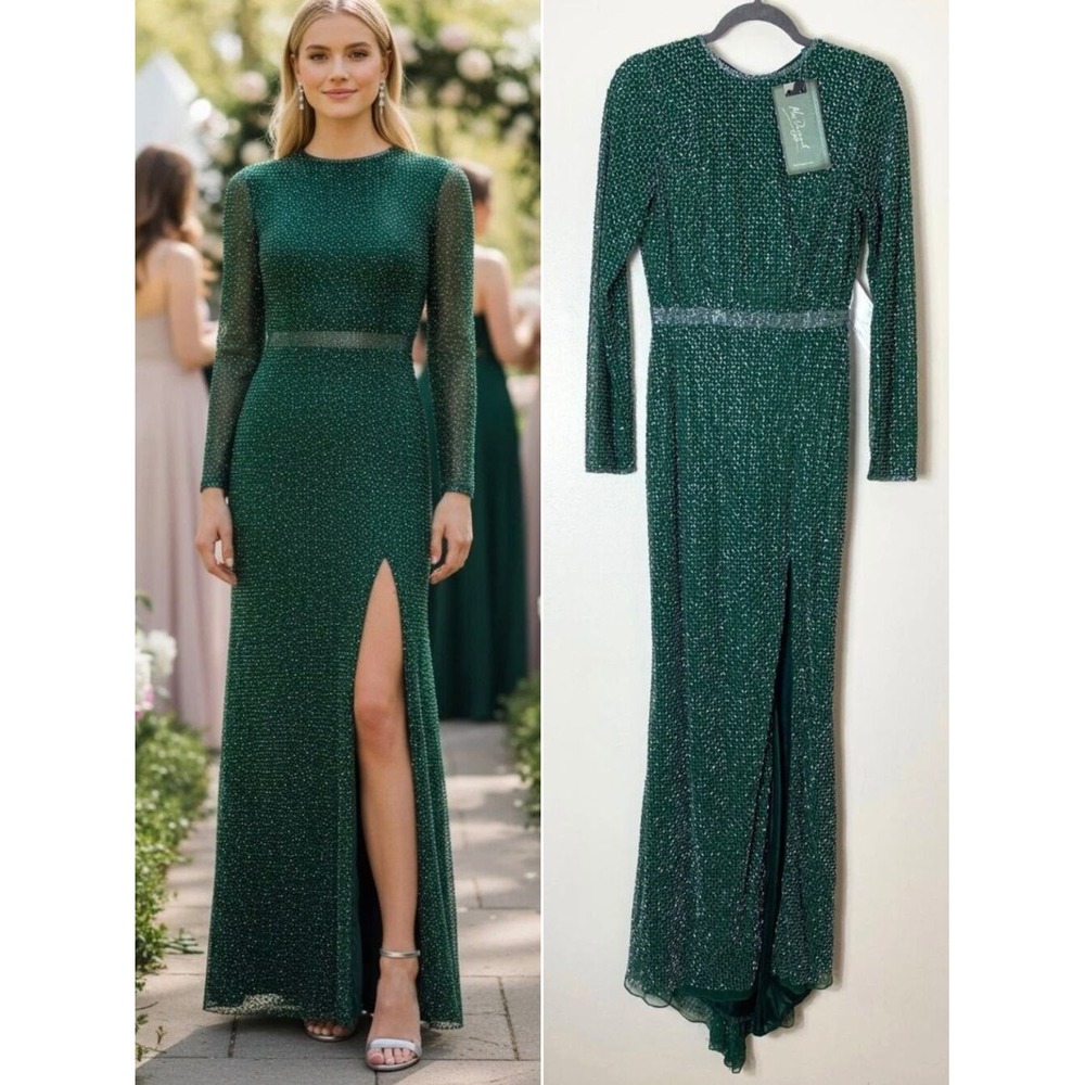Mac Duggal Gown 6 Green Beaded Mesh Long Sleeve Wedding Guest Formal Maxi Dress